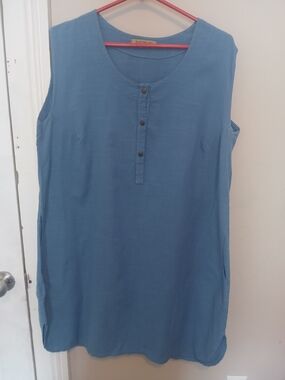 Ezze Wear Blue Vintage Sleeveless Cotton Shirt Dress With Pockets